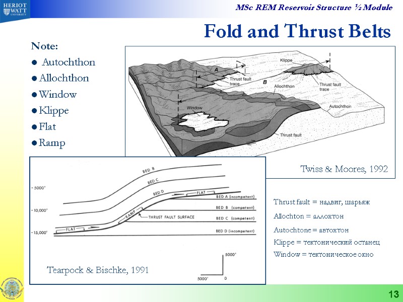 13 Fold and Thrust Belts Twiss & Moores, 1992 Note:  Autochthon Allochthon Window